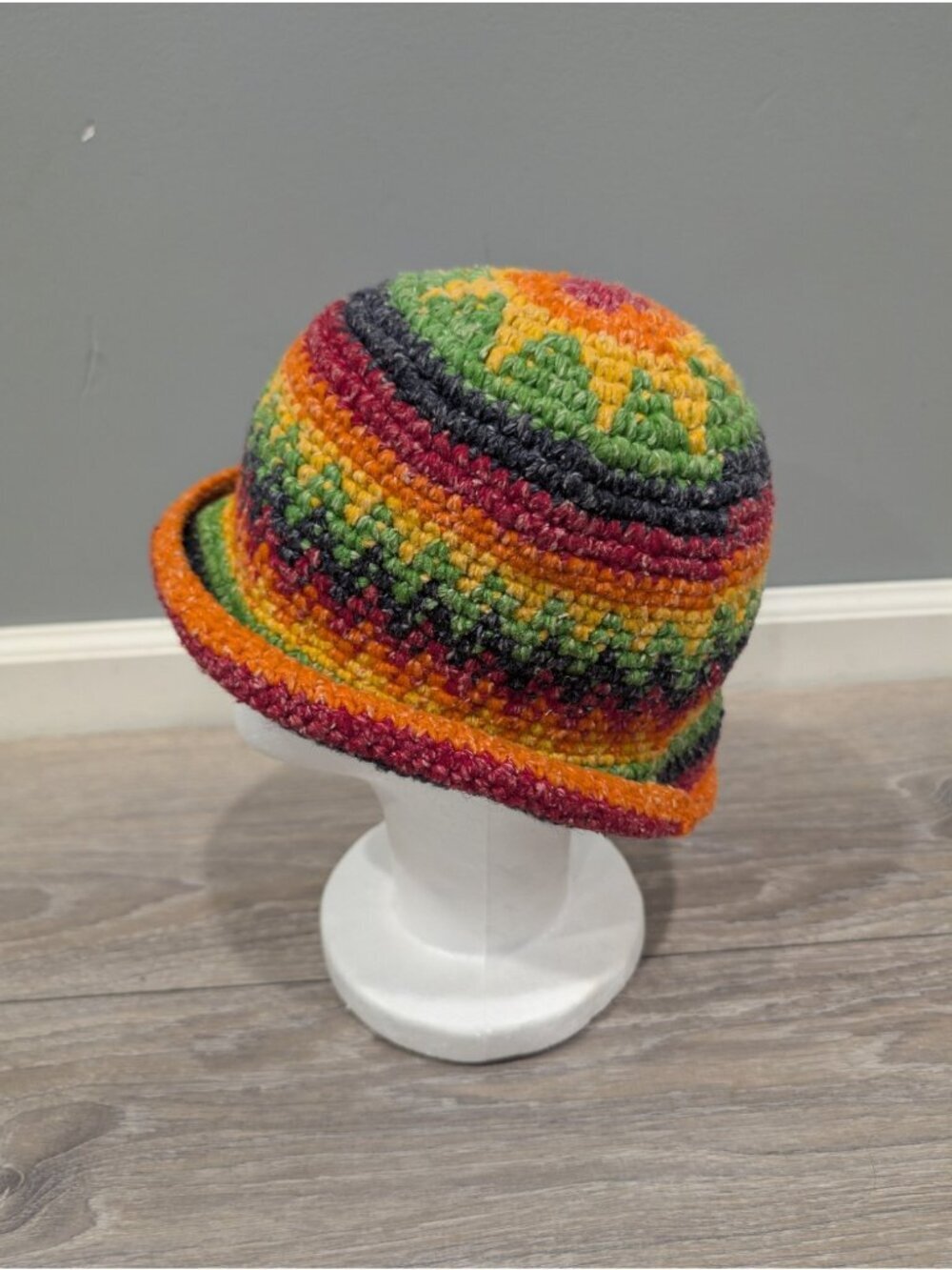 Casa De La Lana Bucket Hat Rainbow Handknit 100% Wool Boho Festival Stripe Sun View 3